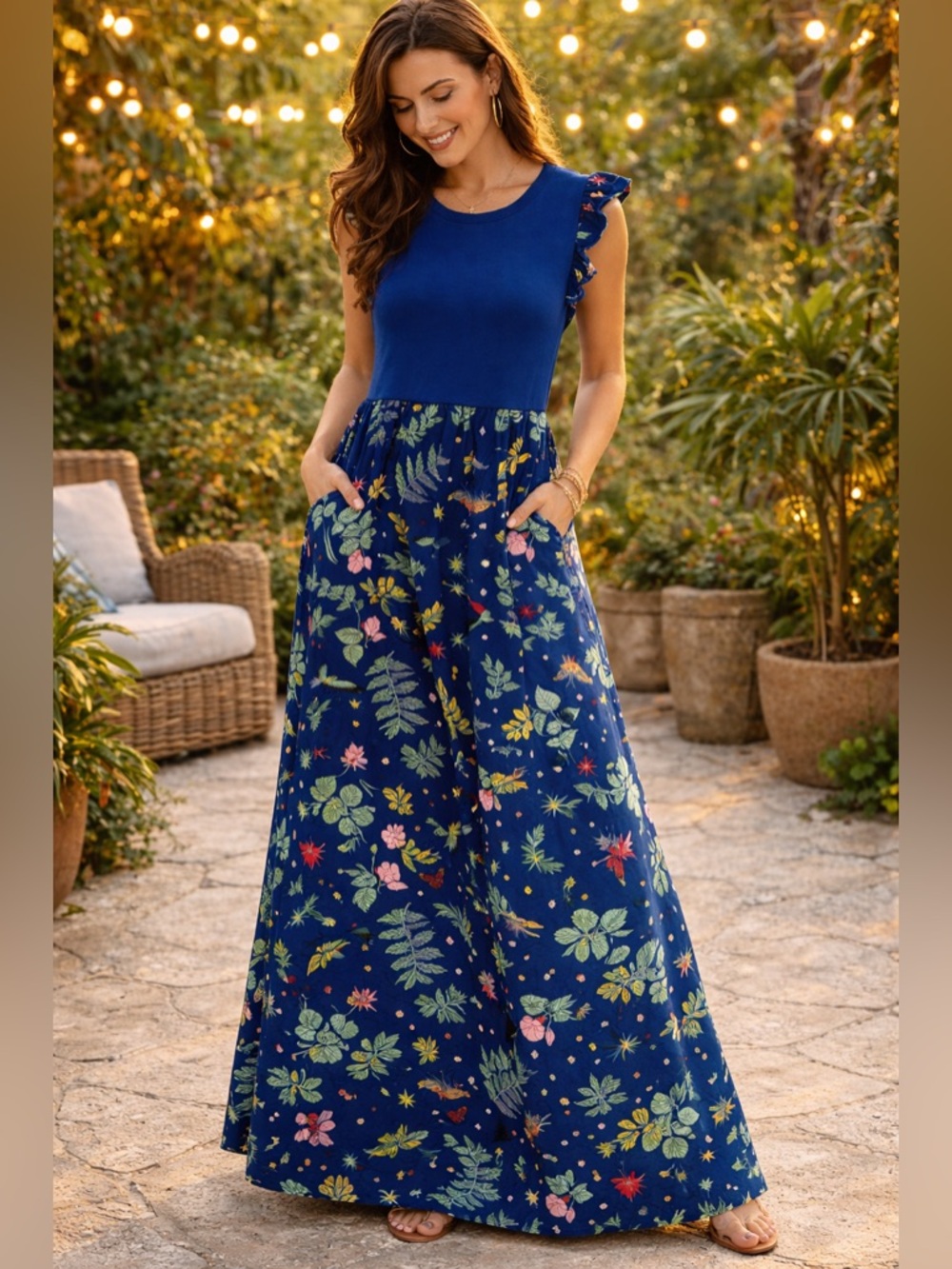 Blue Mixed Media Maxi Dress Floral Bird Print Pockets Women Large
